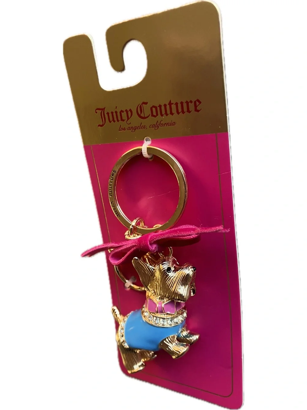 NWT Juicy Couture Crystal Scottie Dog Keychain Bag Charm Blue Pink Gold Tone